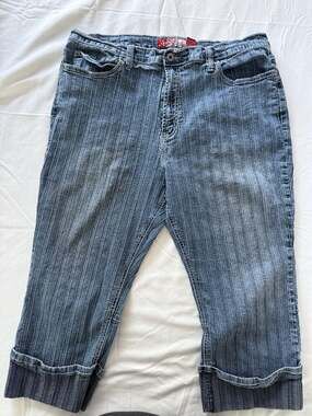 Lazer Jeans Vertical Striped Capri Jeans Women's Size 22 Mid-Wash Blue Cuffed